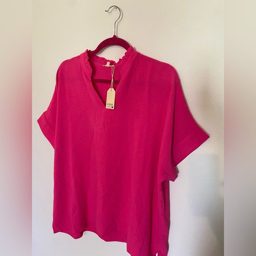 JODIFL Vibrant Hot Pink Ruffle-Trim Short Sleeve Tunic